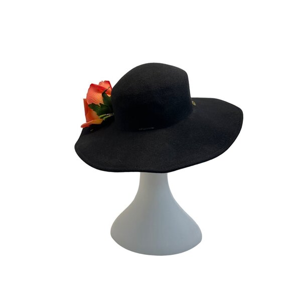 Black Wool Wide-Brim Fedora Hat With Red Floral Embellishment main image 5